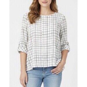 J. Jill White Black Grid Print 3/4 Sleeve Blouse Shirt Top Women's Medium Tall
